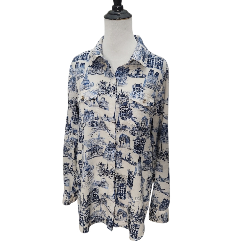 Karl Lagerfeld Blouse Blue and White Button Down Roll Sleeve Size Medium